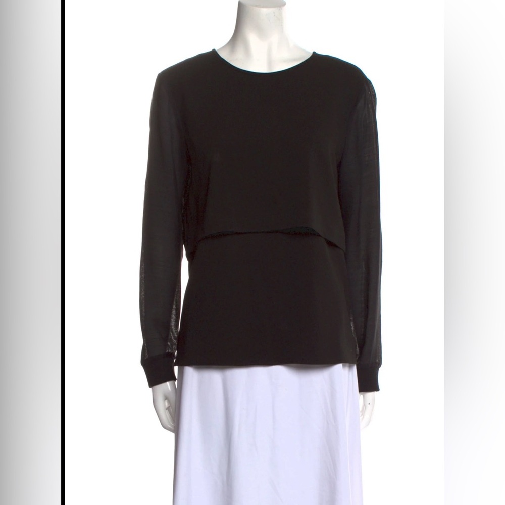 Tibi Black Layer Blouse W Sheer  Long Sleeves Button Back  Silk Top Wool Size 4